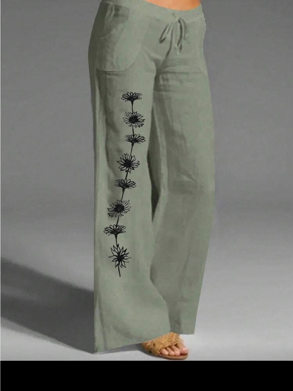 SHEIN Sage Green Wide Leg Pants with Black Floral Side Print